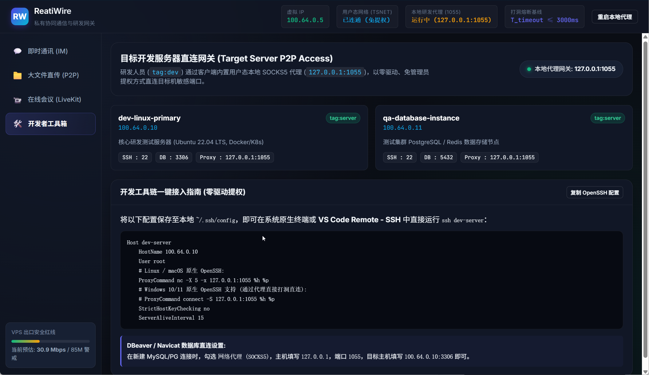 开发者工具箱与本地 SOCKS5 代理配置面板